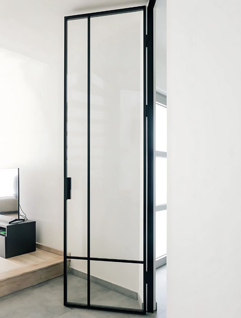 Luxury aluminum slim hinged glass door by The Glass Company in Dubai, modern interior for offices and residences.